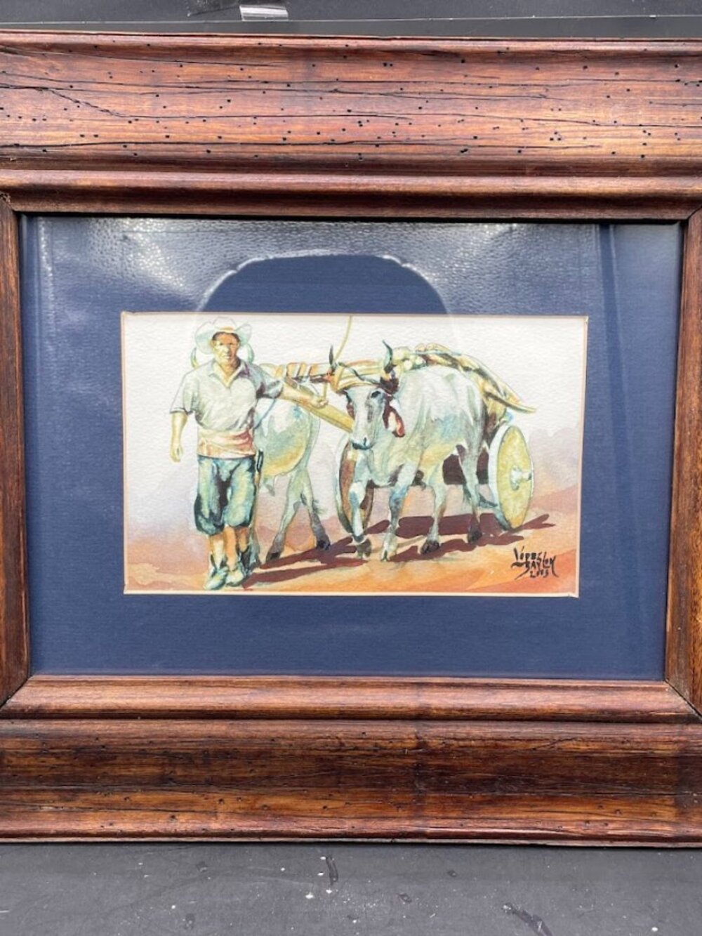 2003 Lopez Baylon Signed Watercolor Painting Oxen and Cart with Cowboy Argentina